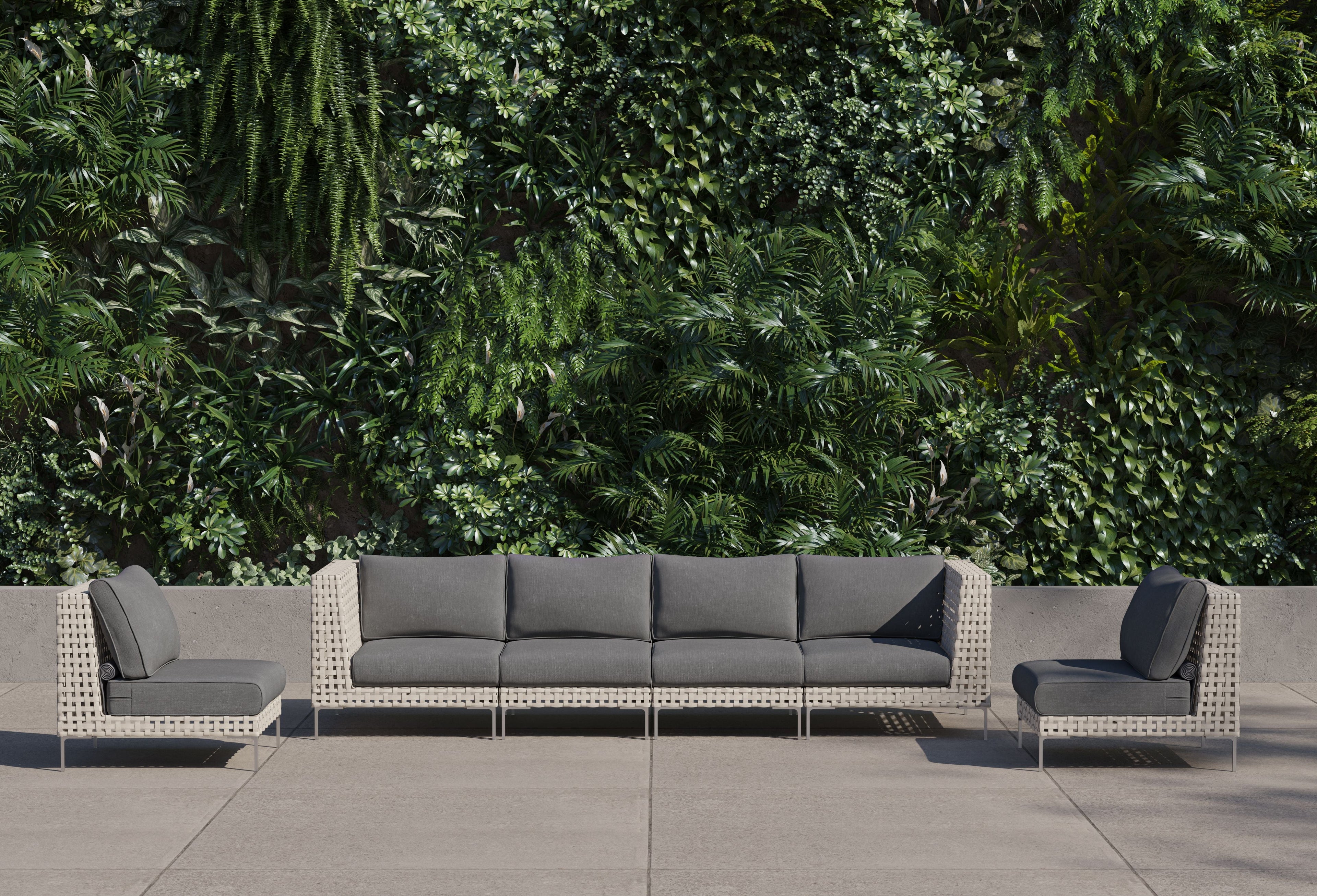 Canapé d'extérieur en résine tressée ajourée avec fauteuils sans accoudoirs - 6 places