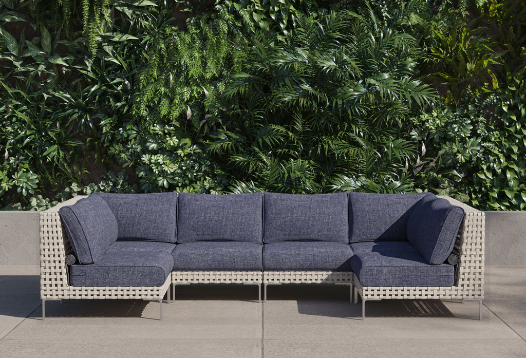 Canapé d'angle d'extérieur en résine tressée ajourée en forme de U - 6 places