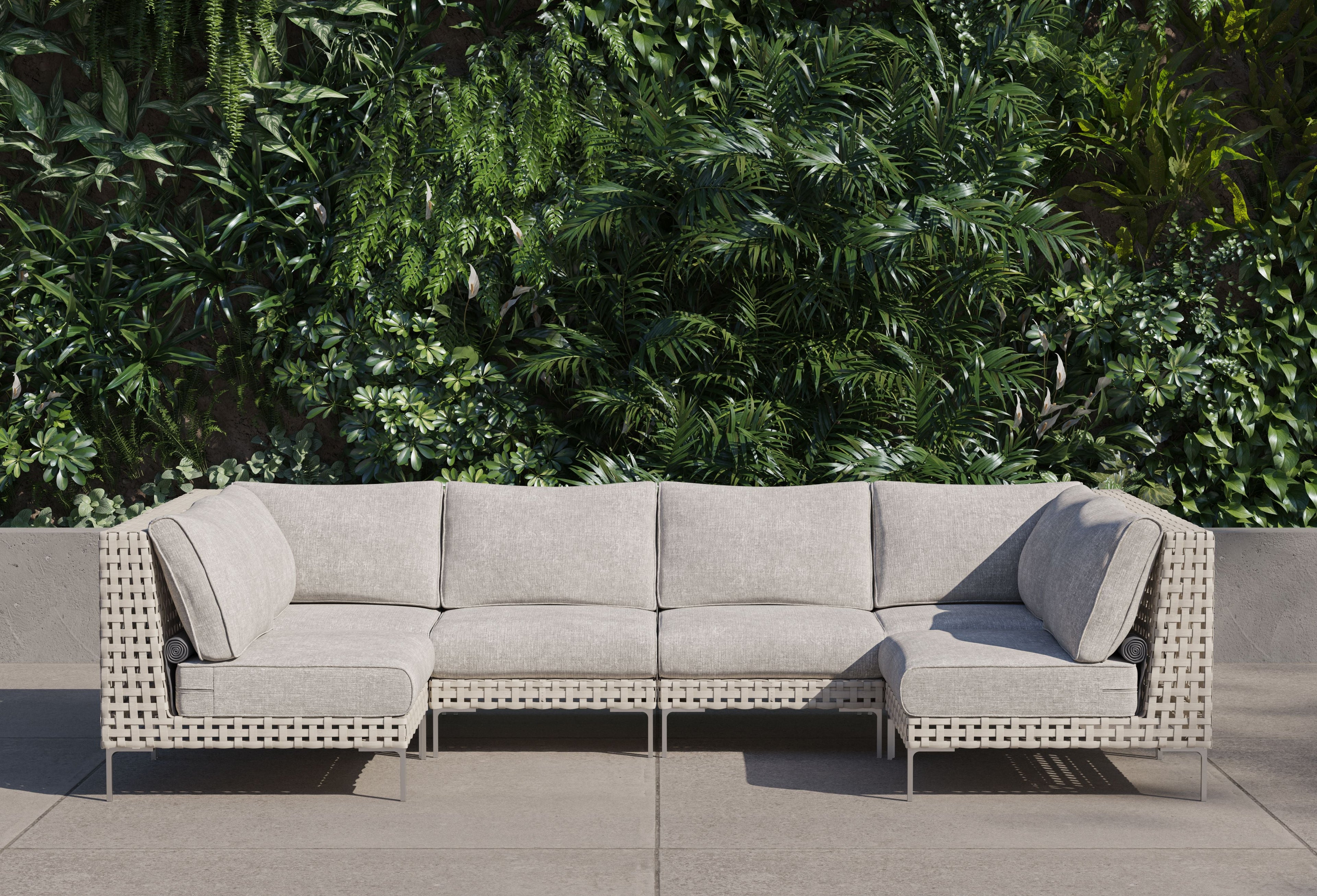 Canapé d'angle d'extérieur en résine tressée ajourée en forme de U - 6 places