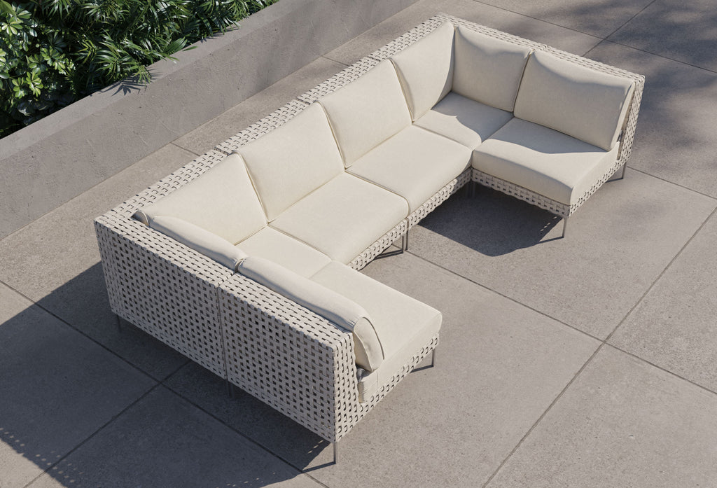 Canapé d'angle d'extérieur en résine tressée ajourée en forme de U - 6 places