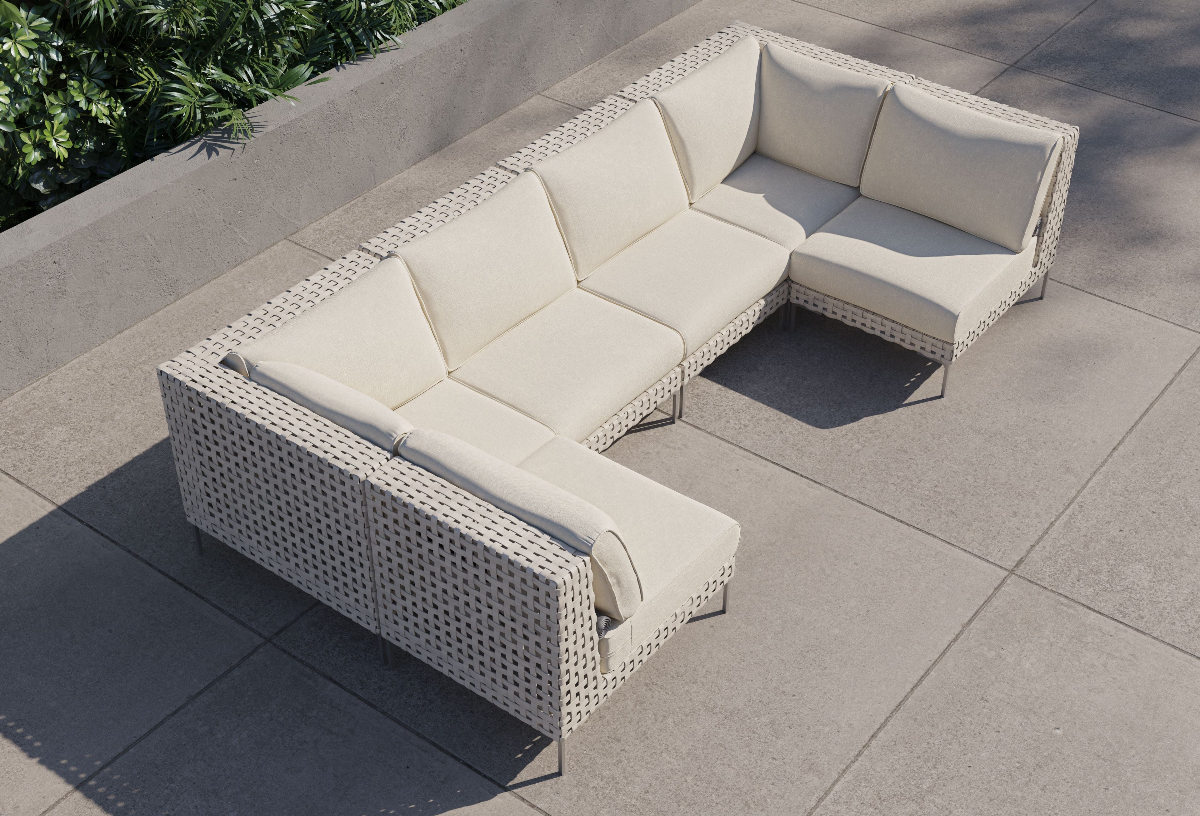 Canapé d'angle d'extérieur en résine tressée ajourée en forme de U - 6 places