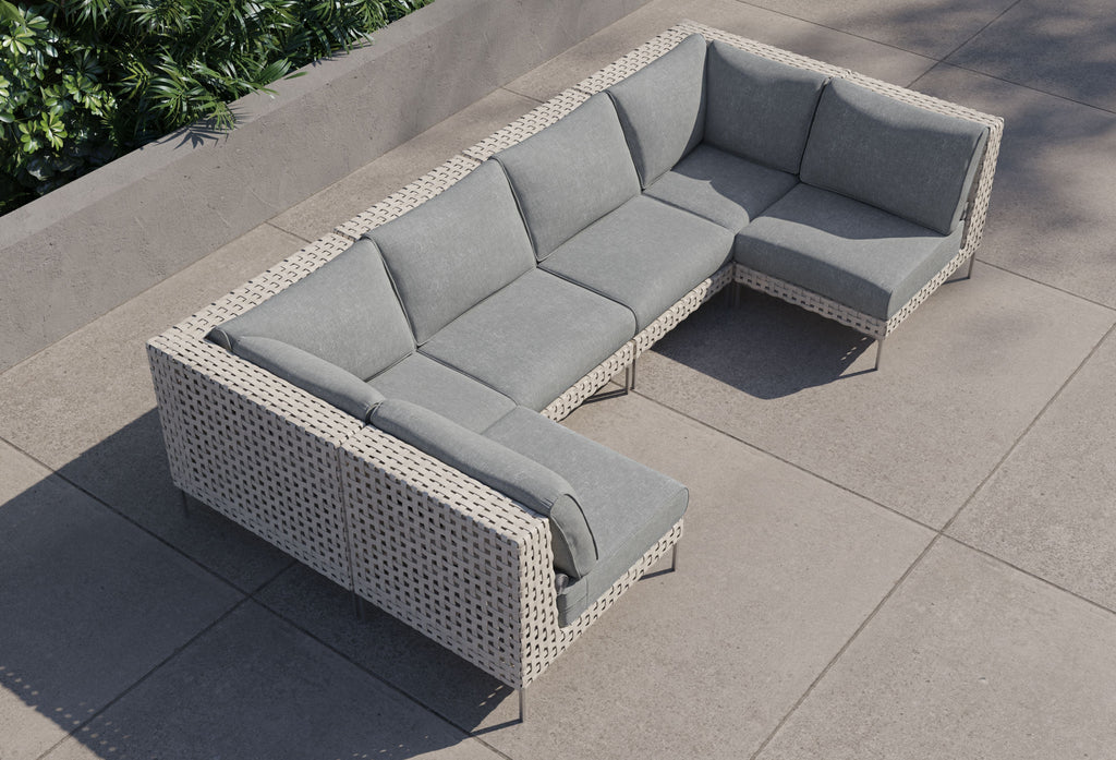 Canapé d'angle d'extérieur en résine tressée ajourée en forme de U - 6 places