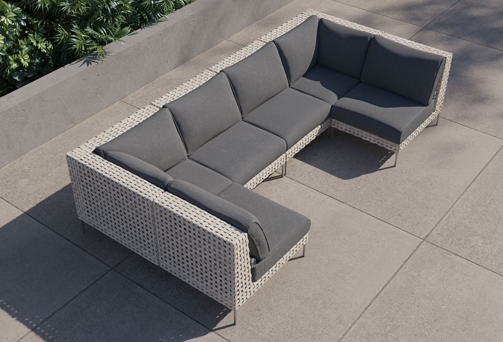 Canapé d'angle d'extérieur en résine tressée ajourée en forme de U - 6 places