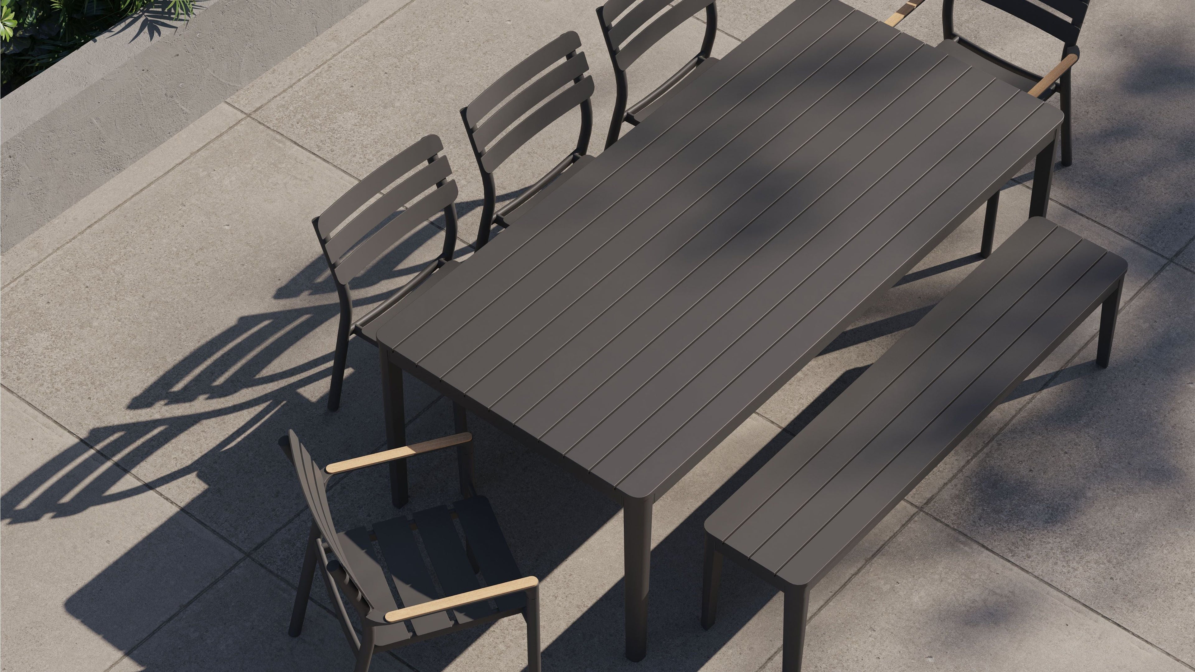 Table de salle à manger rectangulaire d'extérieur en aluminium + 2 fauteuils 595 + 3 chaises sans accoudoirs 595 + banc de salle à manger en aluminium