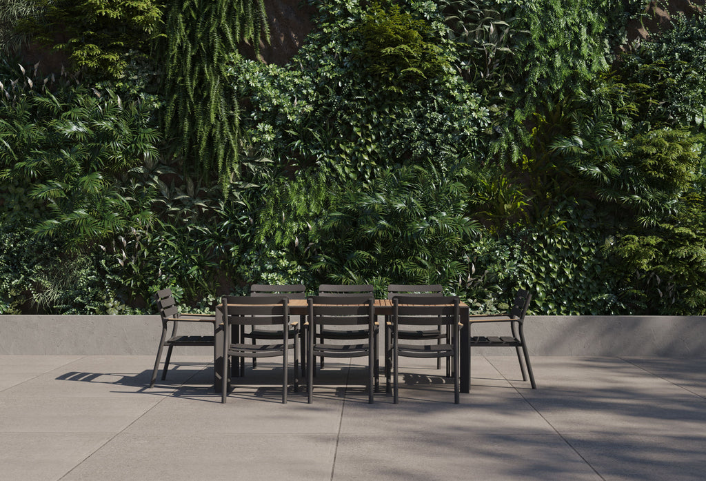 Table de salle à manger extensible d'extérieur en teck et aluminium + 8 fauteuils 595