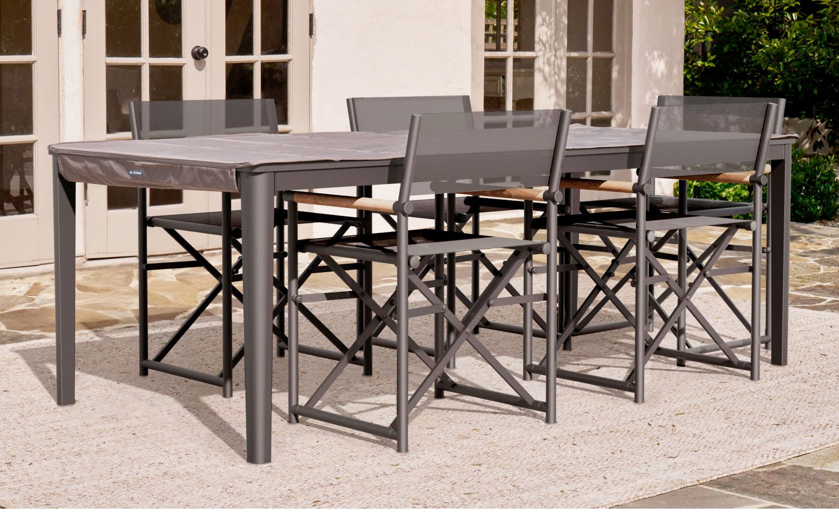 Table de salle à manger rectangulaire d'extérieur en aluminium + 6 chaises de réalisateur en aluminium