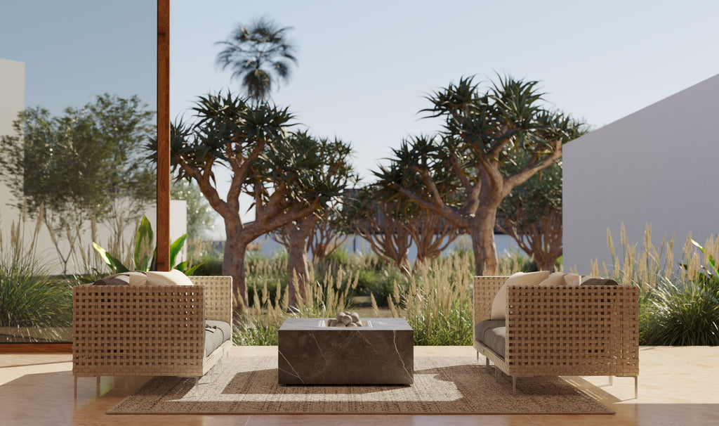 Canapé d'extérieur 4 places en résine tressée ajourée avec fauteuils sans accoudoirs