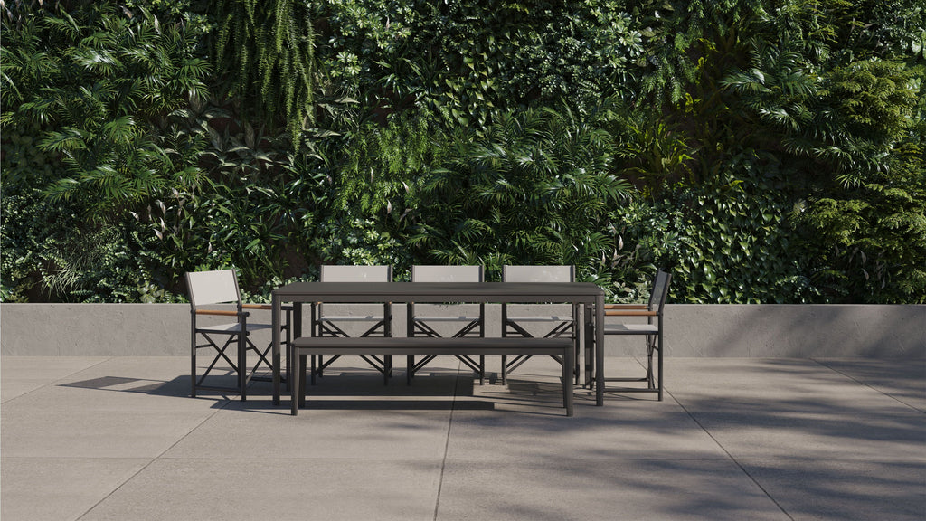 Table de salle à manger rectangulaire d'extérieur en aluminium + 5 chaises de réalisateur en aluminium + banc de salle à manger en aluminium