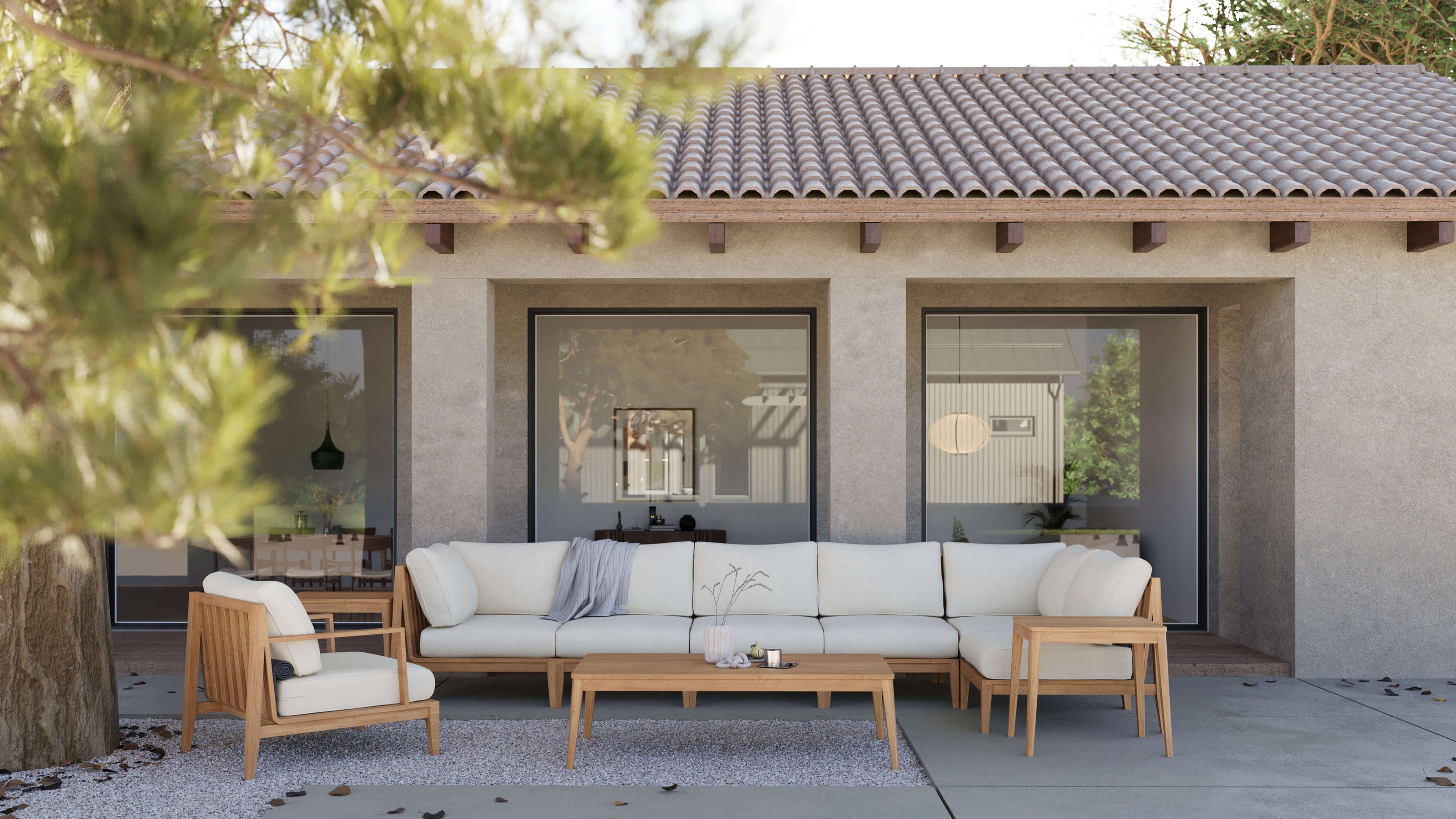 Canapé d'extérieur en teck avec fauteuils sans accoudoirs - 4 places